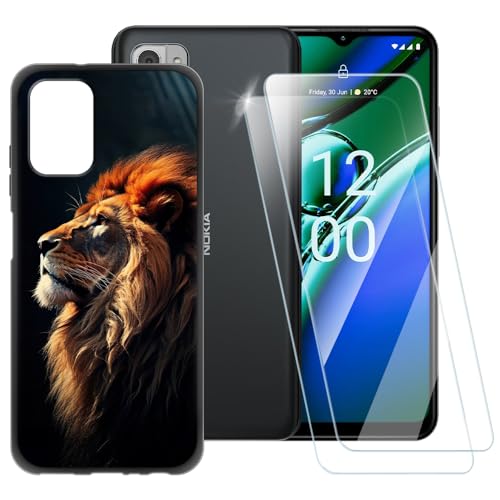 ESACMOT Schutzhülle mit Löwenmuster, kompatibel mit Nokia G42 5G + [2 Pack] Displayschutzfolie aus gehärtetem Glas, stoßfeste Schutzhülle für Nokia G42 5G (6,5 Zoll) von ESACMOT