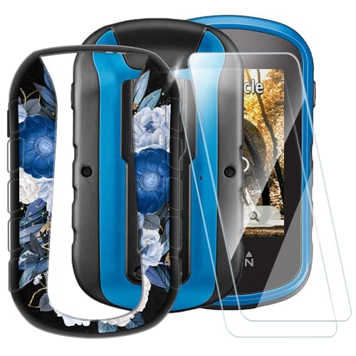 ESACMOT Schutzhülle mit blauem Blumenmuster, kompatibel mit Garmin eTrex Touch 25 + [2 Pack] Displayschutzfolie aus gehärtetem Glas, stoßfeste Schutzhülle für Garmin eTrex Touch 35 (2,6 Zoll) von ESACMOT