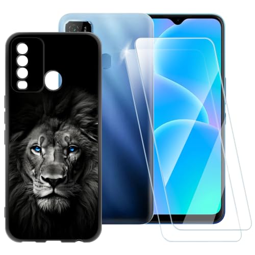 ESACMOT Schutzhülle mit dunklem Löwenmuster, kompatibel mit ITEL P37 Pro + [2er-Pack] Displayschutzfolie aus gehärtetem Glas, stoßfeste Schutzhülle für ITEL Vision 2 Plus (17,3 cm) von ESACMOT