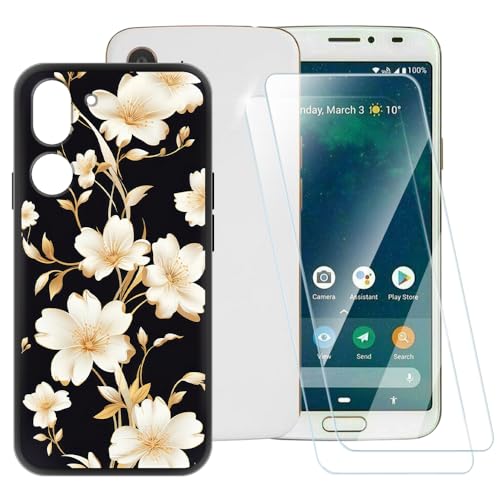 ESACMOT Schutzhülle mit goldenem Blumenmuster, kompatibel mit Doro 8062 + [2 Stück] Displayschutzfolie aus gehärtetem Glas, stoßfeste Schutzhülle für Doro 8062 (5,7 Zoll) von ESACMOT