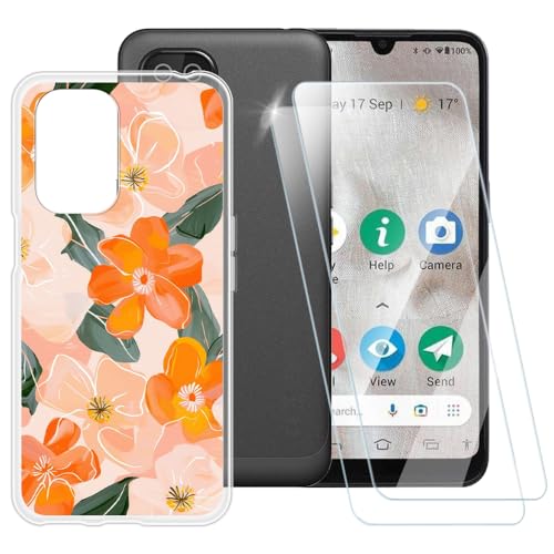 ESACMOT Schutzhülle mit orangefarbenem Blumenmuster, kompatibel mit Doro 8200 Plus + [2er-Pack] Displayschutzfolie aus gehärtetem Glas, stoßfeste Schutzhülle für Doro 8200 Plus (6,1 Zoll) von ESACMOT