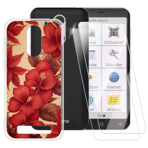 ESACMOT Schutzhülle mit rotem Blumenmuster, kompatibel mit Emporia Supereasy + [2er-Pack] Displayschutzfolie aus gehärtetem Glas, stoßfeste Schutzhülle für Emporia Supereasy (6,5 Zoll) von ESACMOT