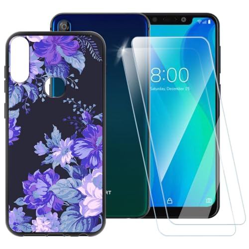 ESACMOT Schutzhülle mit violettem Blumenmuster, kompatibel mit Vsmart Active 1 Plus + [2er-Pack] Displayschutzfolie aus gehärtetem Glas, stoßfeste Schutzhülle für Vsmart Active 1 Plus (6,2 Zoll) von ESACMOT