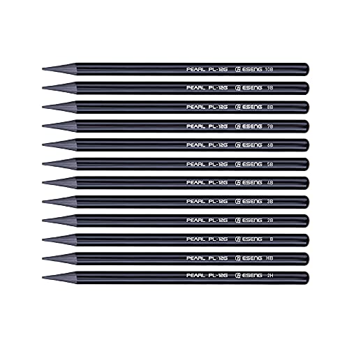 ESENG® Graphitstifte Set PEARL PL-12G, Vollmine｜Holzfrei｜Plastikfrei, Skizzenstifte in Schwarz mit 12 verschiedenen Härtegraden 2H HB B 2B 3B 4B 5B 6B 7B 8B 9B 10B, 12er Metalletui von ESENG