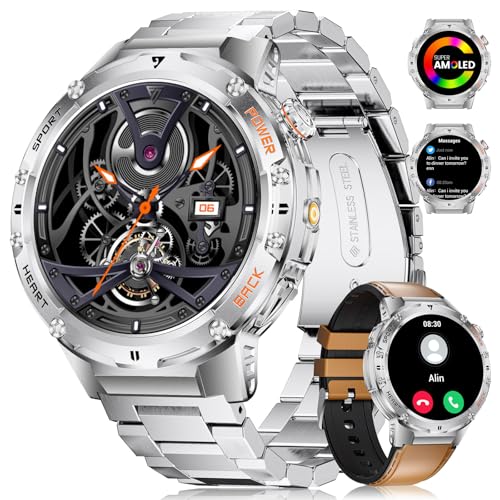 2025 Smartwatch Herren Militär mit Taschenlampe/530mAh Akku,1,43'' AMOLED Stahl Gear Smart Watch mit Telefonfunktion, 5ATM Wasserdicht Fitnessuhr Sportuhr mit 132 Sportmodi für Android iOS (2 Bänder) von ESFOE