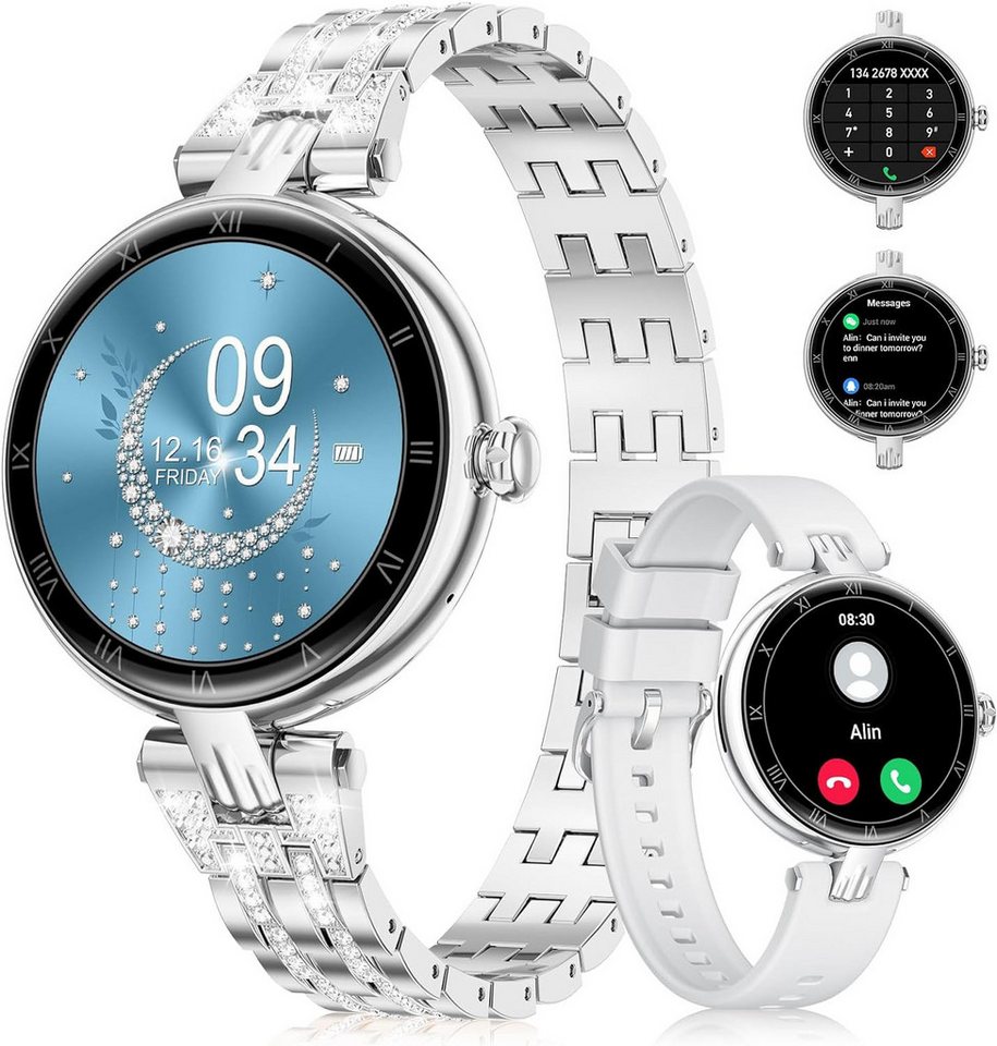 ESFOE Diamantenverzierung Smartwatch (1,16 Zoll, Android, iOS), mit Telefonfunktion,Periodenverfolgung, 113+ Sport, Herzfrequenz, SpO2 von ESFOE