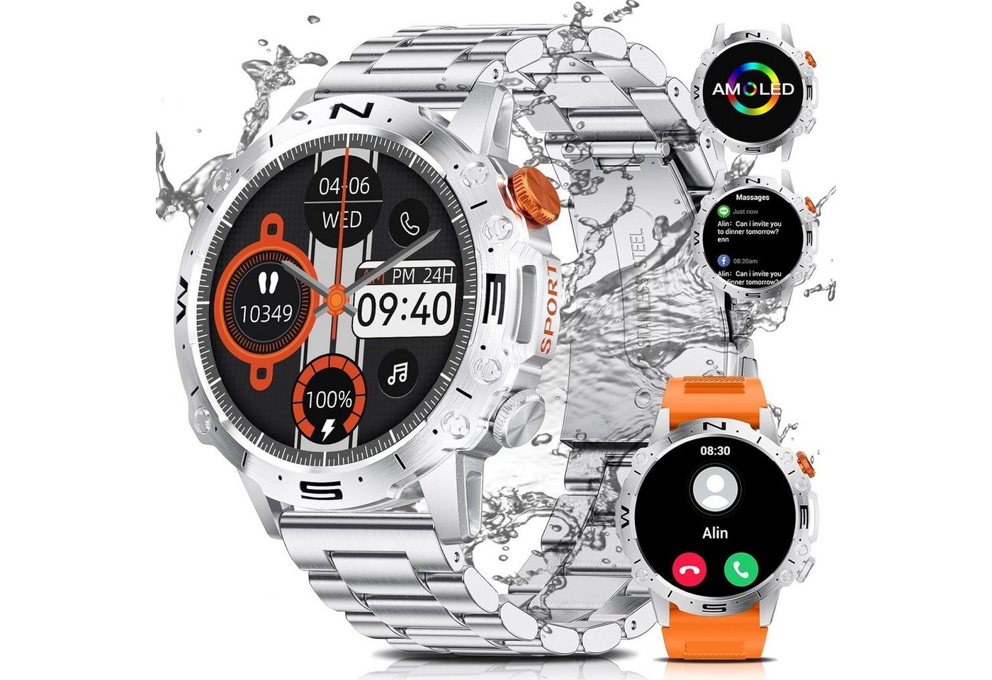 ESFOE Herren's Militär 5ATM Smartwatch (1,43 Zoll), mit Herzfrequenz Schlafüberwachung,126+ Sportmodi 460mAh von ESFOE