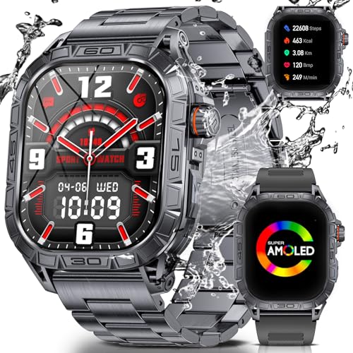 ESFOE Militär Smartwatch Herren,1,96 Zoll AMOLED Robuste Outdoor Smartwatch mit Herzfrequenz Schlafüberwachung,100+ Sportmodi IP68 Wasserdicht Fitnessuhr Smart Watch Android iOS(Anruf Texte Rinnerung) von ESFOE