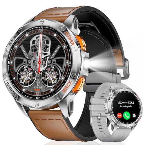 ESFOE Smartwatch Herren GPS Laufuhr Herren-LED Taschenlampe/530mAh Akku, 1,43'' AMOLED 10ATM Smartwatch Militär mit Kompass, Barometer, Herzfrequenz, SpO2, Schlafüberwachung für Android iOS,Silbre ESFOE Smartwatch Herren GPS Laufuhr Herren-LED Taschenlampe/530mAh Akku, 1,43'' AMOLED 10ATM Smartwatch Militär mit Kompass, Barometer, Herzfrequenz, SpO2, Schlafüberwachung für Android iOS,Silbre von ESFOE