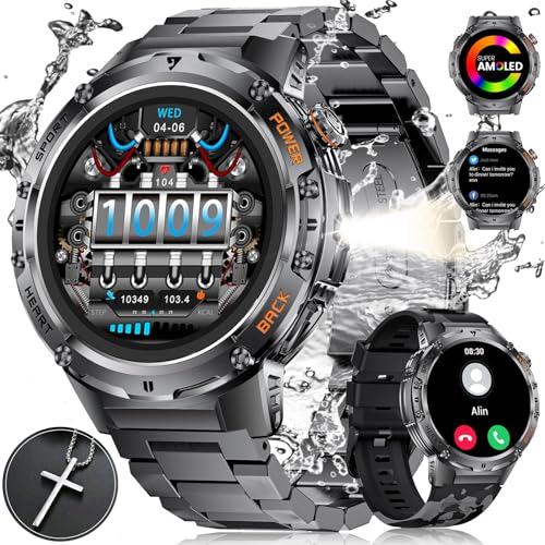 ESFOE Smartwatch Herren Militär mit Taschenlampe/530mAh Akku,1,43'' AMOLED Stahl Gear Smart Watch mit Telefonfunktion, 5ATM Wasserdicht Fitnessuhr Sportuhr mit 132 Sportmodi für Android iOS (2 Bänder) ESFOE Smartwatch Herren Militär mit Taschenlampe/530mAh Akku,1,43'' AMOLED Stahl Gear Smart Watch mit Telefonfunktion, 5ATM Wasserdicht Fitnessuhr Sportuhr mit 132 Sportmodi für Android iOS (2 Bänder) von ESFOE