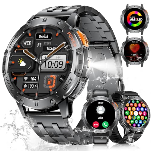 ESFOE Smartwatch Herren Militär mit Taschenlampe Telefonfunktion, 1,43'' Amoled Smart Watch mit Herzfrequenz SpO2, 120 Sportmodi, 5ATM Wasserdicht Fitnessuhr für Android iOS, 530mAh Akku, 3 Armbänders ESFOE Smartwatch Herren Militär mit Taschenlampe Telefonfunktion, 1,43'' Amoled Smart Watch mit Herzfrequenz SpO2, 120 Sportmodi, 5ATM Wasserdicht Fitnessuhr für Android iOS, 530mAh Akku, 3 Armbänders von ESFOE