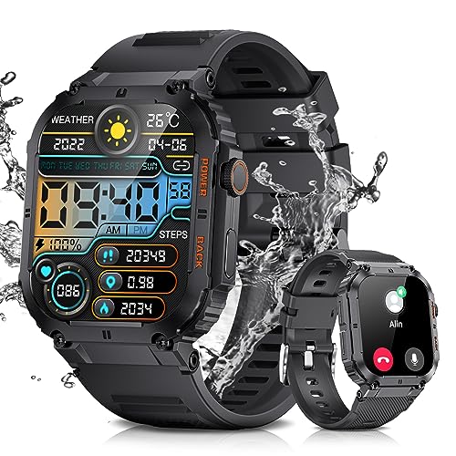 ESFOE Smartwatch Herren Militärische 1.96 Zoll HD Smartwatch mit 400mAh Batterie,IP68 Wasserdicht 110+ Sportmodi Fitnessuhr mit Herzfrequenz Schlafmonitor SpO2,.2 Silicone Bands von ESFOE