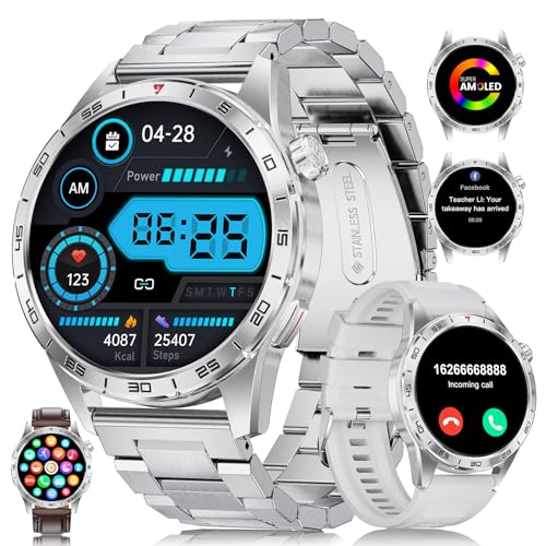 ESFOE Smartwatch Herren mit 400mAh Akku(3 Armbänder), 1,43" AMOLED Smart Watch mit Telefonfunktion für Android iOS, IP68 Wasserdicht 120+Sportmodi Fitnessuhr mit Herzfrequenz/Schlafmonitor,Silber von ESFOE