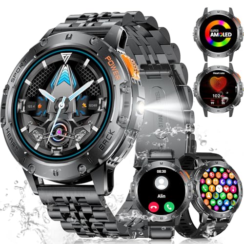 ESFOE Smartwatch Herren mit 530mAh Akku, 1.43'' Militär Smartwatch mit LED Taschenlampe, Telefonfunktion, 3ATM Wasserdicht Robuste Outdoor Uhren mit 24H Gesundheits-Screening für Android iOS, 3 Gurte von ESFOE
