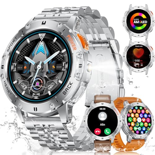 ESFOE Smartwatch Herren mit 530mAh Akku, 1.43'' Militär Smartwatch mit LED Taschenlampe, Telefonfunktion, 3ATM Wasserdicht Robuste Outdoor Uhren mit 24H Gesundheits-Screening für Android iOS, Silber von ESFOE