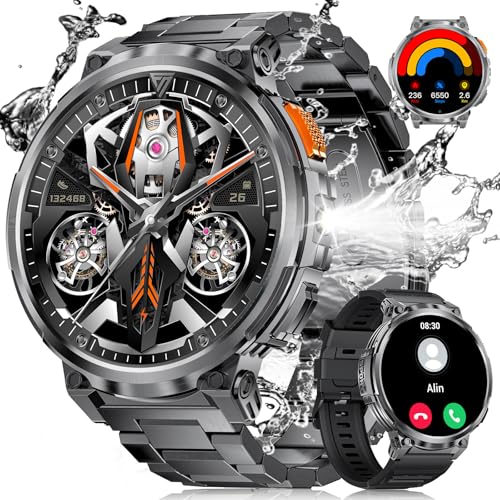 ESFOE Smartwatch Herren mit Taschenlampe/1.85“ HD Display/730 mAh Akku Telefonfunktion Smart Watch mit 120+ Sportmodi, IP68 Wasserdicht Fitnessuhr with 24/7 Herzfrequenz, SpO2 für Android iOS 2 Gurte von ESFOE