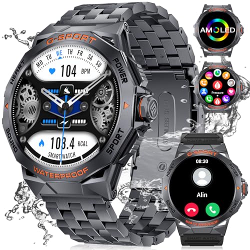 Militär Smartwatch Herren,1,43" AMOLED Fitnessuhr mit Telefonfunktion,100+ Sportmodi IP68 400mAh Armbanduhr mit Pulsuhr,24 Schlafmonitor KI-Sprachassisten Outdoor Fitness Tracker Uhr(Zwei Armbänder) von ESFOE