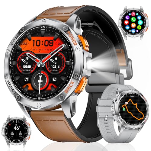 ESFOE Smartwatch Herren GPS Laufuhr Herren-LED Taschenlampe/530mAh Akku, 1,43'' AMOLED 10ATM Smartwatch Militär mit Kompass, Barometer, Herzfrequenz, SpO2, Schlafüberwachung für Android iOS von ESFOE