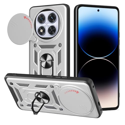 ESHUYI® Hülle für Xiaomi Redmi Note 14 Pro 5G mit Slide Camera Cover [Kameraschutz] [Ring Ständer] [Case Kompatibel Mit Magnetischer Autohalterung] Stoßfeste Handyhülle, Silber von ESHUYI