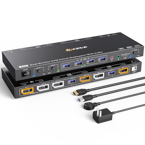 8K DisplayPort KVM Switch 2 PC 2 Monitore 8K@30Hz, 4K@144Hz, dual Monitor KVM Switch mit DisplayPort 1.4 und 4 USB 3.0 Ports für 2 PC/Laptops, mit DP+USB-Kabel und Desktop Controller von ESKEVE