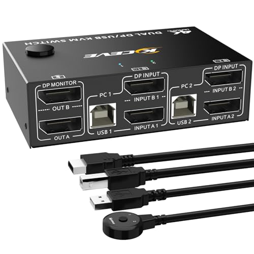 8K DisplayPort KVM Switch 2 PC 2 Monitore 8K@30Hz 4K@144Hz,Dual Monitor KVM Switch mit DisplayPort 1.4 und 4 USB 2.0 Ports für 2 PC/Laptops, mit DP+USB-Kabel und Desktop Controller von ESKEVE