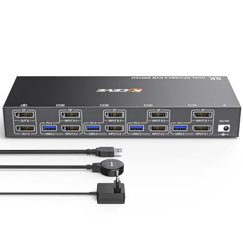 8K DisplayPort KVM Switch 4 PC 2 Monitore 8K@30Hz 4K@144Hz, Dual Monitor KVM Switch DisplayPort 1.4 und 4 USB 3.0 Ports für 4 PC/Laptops, mit DP+USB-Kabel und Desktop Controller von ESKEVE