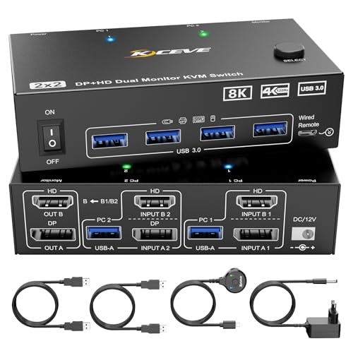 8K KVM Switch 2 PC 2 Monitore 8K@60Hz 4K@144Hz Displayport+HDMI Dual Monitore KVM Switch für 2 PC Share 2 Monitore und 4 USB 3.0 Geräte, Kabelfernbedienung, 12V Netzteil und USB Kabel enthalten von ESKEVE