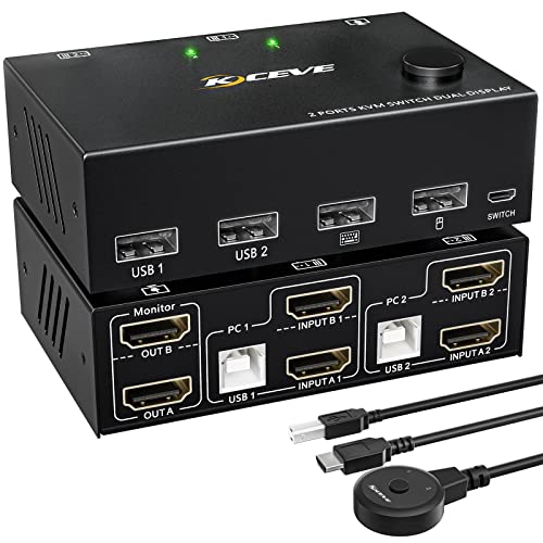 HDMI 2.0 KVM Switch 2 PC 2 Monitore 4K@60Hz Extended Display,ESKEVE KVM Switches 2 Monitore mit 4 USB 2.0 Ports für 2 PC Tastatur, Maus, Kabelfernbedienung und Kabel inbegriffen von ESKEVE