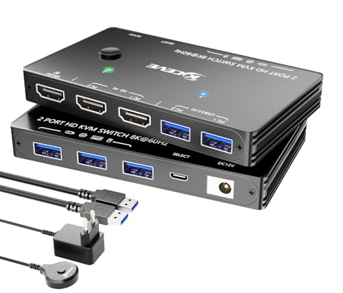 HDMI KVM Switch 2 PC 1 Monitore 8K@60Hz 4K@120Hz, ESKEVE USB3.0 KVM-Switch für 2 PCs, die sich 1 Monitore und 3 USB3.0-Geräte teilen, inkl. USB-Kabel, Netzadapter und Kabelfernbedienung von ESKEVE