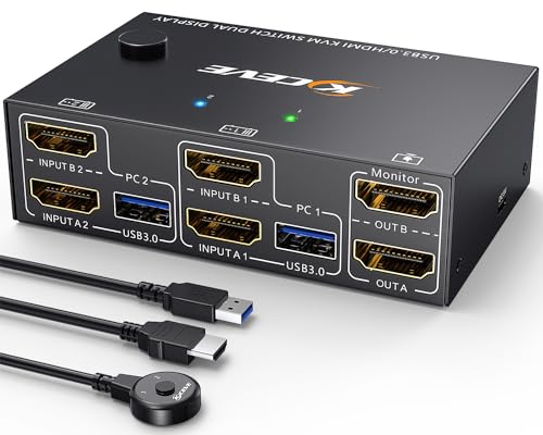 HDMI USB 3.0 KVM Switch 2 PC 2 Monitore 4K@60Hz 2K@144Hz,EDID Emulator,ESKEVE Dual Monitor KVM Switch mit 4 USB 3.0 Ports für 2 PC/Laptops teilen sich Maus, Tastatur, Kabelfernbedienung und Kabel von ESKEVE