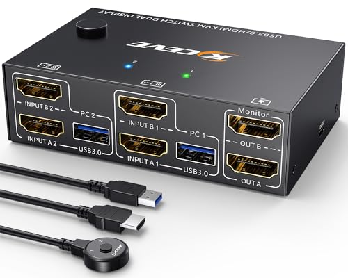 USB3.0 KVM Switch 2 PC 2 Monitore 4K@60Hz 2K@144Hz EDID Simulation,ESKEVE Dual Monitor HDMI2.0 KVM Switch für 2 PC Teilen 2 Monitors und 4 USB3.0-Geräte,mit Kabelfernbedienung und 2 USB-Kabel von ESKEVE