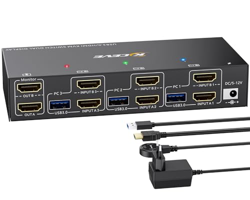 HDMI USB 3.0 KVM Switch 3 PC 2 Monitore 4K@60Hz,EDID Emulator, Dual Monitor KVM Switch HDMI mit 4 USB 3.0 Ports für 2 PC/Laptops, Support Extended & Copy Mode, mit USB-Kabel und Desktop Controller von ESKEVE