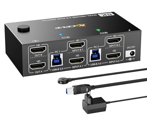 HDMI USB3.0 KVM Switch 2 PC 2 Monitore 8K@60Hz, EDID Emulator,Dual Monitor KVM Switch HDMI 4K@120Hz mit 4 USB 3.0 Ports für 2 PC/Laptops teilen sich Maus, Tastatur, Kabelfernbedienung und Kabel von ESKEVE