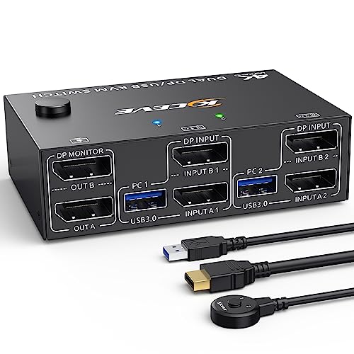 KVM Switch 2 PC 2 Monitore 8K@30Hz 4K@144Hz, Dual Monitor KVM Switch DisplayPort 1.4 mit 4 USB 3.0 Ports für 2 PC/Laptops, Support Extended & Copy Mode, mit DP+USB-Kabel und Desktop Controller von ESKEVE