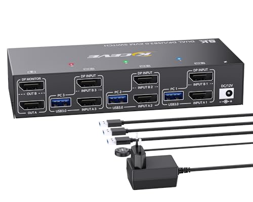 KVM Switch 3 PC 2 Monitore 8K@30Hz 4K@144Hz, Dual Monitor KVM Switch DisplayPort und 4 USB 3.0 Ports für 3 PC/Laptops, Support Extended & Copy Mode, mit DP+USB-Kabel und Desktop Controller von ESKEVE