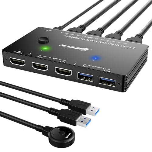 KVM Switch 8K@60Hz 4K@120Hz, ESKEVE HDMI KVM Switch für 2 Computer, die sich 1 Monitore und 3 USB3.0-Geräte teilen, kabelgebundene Fernbedienung und USB-Kabel im Lieferumfang enthalten von ESKEVE