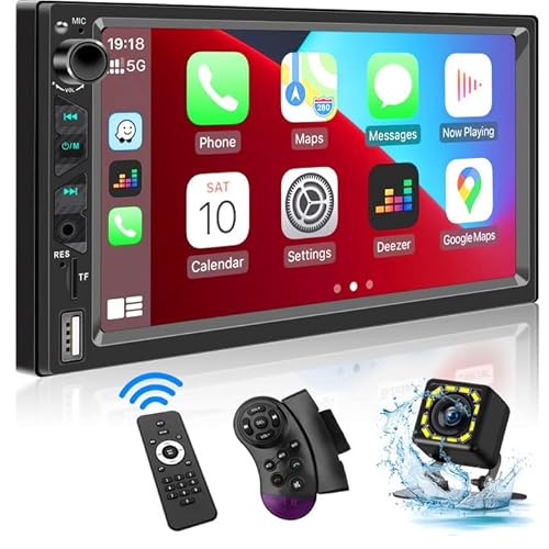 Autoradio 2 Din Kompatibel mit Apple CarPlay, Android Auto und Sprachassistent, 7-Zoll-HD-Bildschirm mit Bluetooth 5.1/Rückfahrkamera/USB/Schnelles Aufladen/SWC/TF/AV-In/Mirrorlink/AM&FM&RDS Radio von ESLYYDS