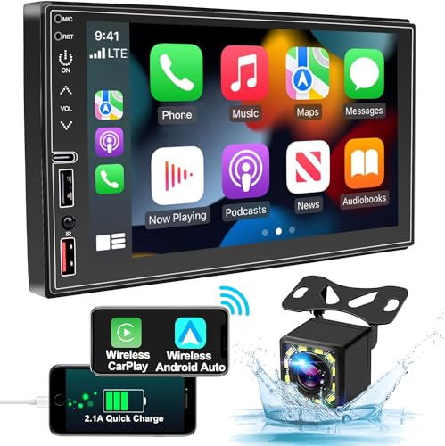 Wireless Autoradio 2 DIN Kompatibles CarPlay Android Auto, 7 HD-Touchscreen mit Bluetooth 5.2,Lettore MP5 pro Auto mit Rückfahrkamera (Kostenlos)/USB/Typ-C/SWC/AV-Eingang/Mirror Link/AM&FM Auto Radio von ESLYYDS
