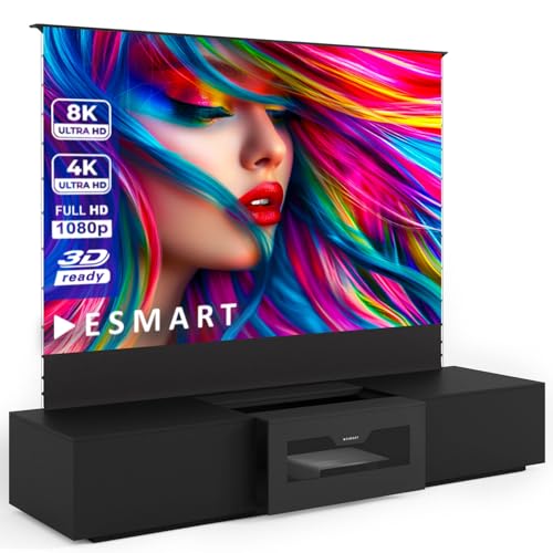 ESMART Expert FSX ALR CBSP Tension Bildschirm 250 cm Bild 221 x 125 cm (100") 16:9 + FSXL Lowboard | Funk Fernbedienung | Heimkino bodenstehender Hochkontrast Beamer Projektionsbildschirm | UKD Laser von ESMART