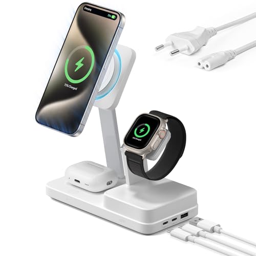 ESR 100W 6 in 1 GaN Ladestation mit CryoBoost, kompatibel mit MagSafe Ladeständer, magnetisches kabelloses Ladegerät für iPhone 15/14/13/12, Apple Watch, AirPods Pro/3/2 und USB-C/A-Geräte, Weiß von ESR