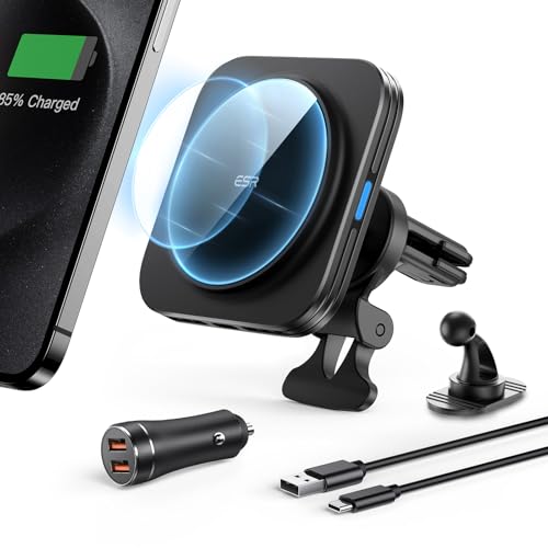 ESR 15W HaloLock Magnetisches Kabelloses Handyhalterung Ladegerät kompatibel mit MagSafe Autohalterung mit Ladefunktion und iPhone 16//15/14/13/12 Series, Galaxy S25 Series, mit 36W Auto Ladegerät von ESR