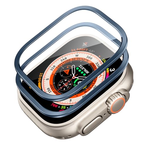 ESR 2 Stück Armorite Displayschutzfolie für Apple Watch Ultra 2/1 (2023/2022, 49 mm), Militärnorm Schutz, Schutzfolie aus gehärtetem Glas mit Edelstahlrahmen,Dunkelblau von ESR