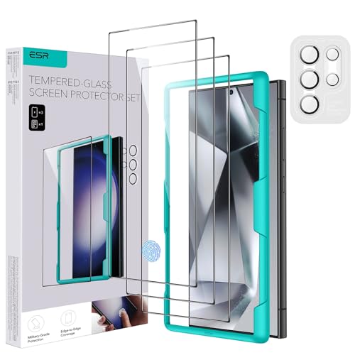 ESR 3+1 Pack Samsung Galaxy S24 Ultra Displayschutzfolien-Set, 3 Displayschutzfolien aus gehärtetem Glas und 1 Set einzelner Linsenschutzfolien, 2,5D gebogene Kanten, vollständiger Schutz, kratzfest von ESR