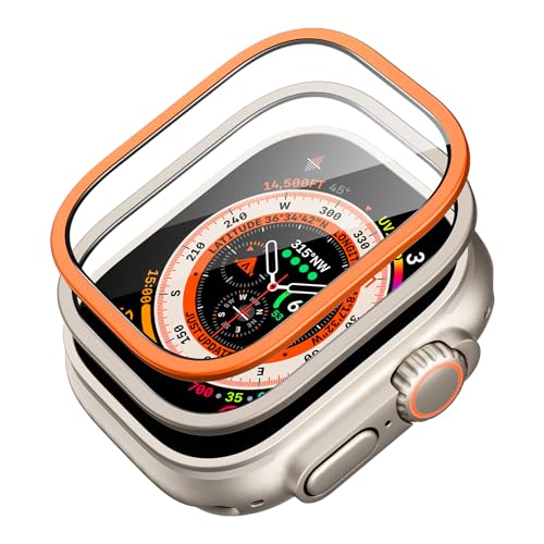 ESR Armorite Schutzfolie kompatibel mit Apple Watch Ultra 2/1(2023/2022,49 mm), Displayschutz aus Gehärtetem Glas mit Edelstahlrahmen, vollflächiger Schutz, Titanmetall+Orange, 2 Stück von ESR