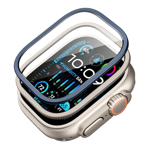 ESR Armorite Schutzfolie kompatibel mit Apple Watch Ultra 2/1(2023/2022,49 mm), Displayschutz aus Gehärtetem Glas mit Edelstahlrahmen, vollflächiger Schutz, kratzfest, Titanmetall+Dunkelblau, 2 Stück von ESR