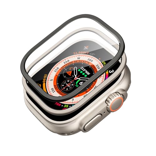 ESR Armorite Schutzfolie kompatibel mit Apple Watch Ultra 2/1(2023/2022,49 mm), Displayschutz aus Gehärtetem Glas mit Edelstahlrahmen, vollflächiger Schutz, kratzfest, Titanmetall+Schwarz, 2 Stück von ESR