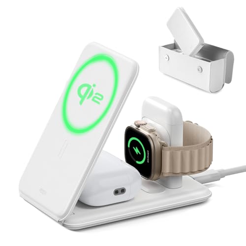 ESR Qi2 3-in-1-Ladestation Apple Watch und iPhone, 15W MagSafe Ladegerät mit Apple Watch-Ladegerät [Zertifiziert], Reiseladegerät für iPhone 16/15/14/13/12 & Watch & AirPods 4, Weiß, mit Tasche von ESR