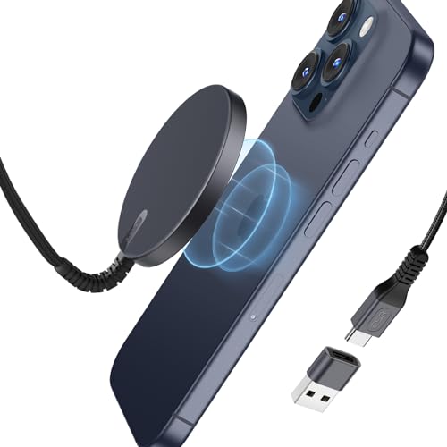 ESR HaloLock Mini kabelloses Ladegerät, kompatibel mit MagSafe Ladegerät, für iPhone 15/15 Plus/15 Pro/15 Pro Max/14/13/12 Serie, verstärktes Nylonkabel, starker Magnetverschluss, Schwarz, 1 Stück von ESR