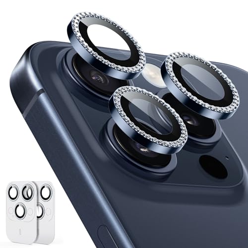 ESR Kamera Schutz für iPhone 15 Pro Max/15 Pro/14 Pro Max/14 Pro，Armorite Einzel Linsen Schutzfolien, kratzfestes, ultradünnes gehärtetes Glas mit Aluminiumkante, Armorite-Serie, 2 Stück, Blau Glitzer von ESR