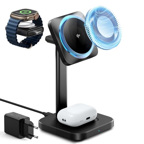 ESR Qi2 3 in 1 kabellose Ladestation mit CryoBoost, [Zertifiziertes] Apple Watch Ladegerät & 15W Qi2 magsafe ladegerät für iPhone 16/15/14, Watch & AirPods, Handy Kühlung kabelloses Ladegerät, Schwarz von ESR